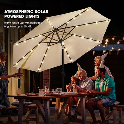 wikiwiki 9ft Solar Led Patio Umbrella, Sturdy Outdoor Market Umbrella for Deck, Pool, Garden w/Tilt, Crank, 32 LED Lights, Beige