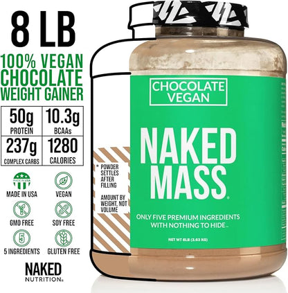 Naked Mass - Chocolate Vegan Weight Gainer - 8Lb Bulk, GMO Free, Gluten Free, Soy Free & Dairy Free. No Artificial Ingredients - 1,280 Calories - 11 Servings