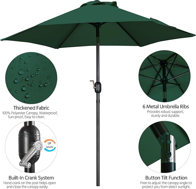 Yaheetech 7.5ft Outdoor Patio Umbrella, Outdoor Table Umbrella with Push Button Tilt and Crank, Market Umbrella Yard Umbrella for Garden, Deck, Backyard, Pool, Dark Green