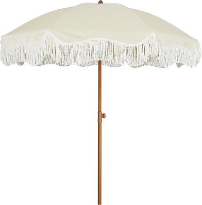 AMMSUN 6.5ft Boho Outdoor Umbrella with Fringe, UPF 50+ Picnic Umbrella with Tassels, Premium Steel Pole and Push Button Tilt, Light Beige