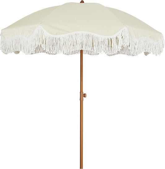 AMMSUN 6.5ft Boho Outdoor Umbrella with Fringe, UPF 50+ Picnic Umbrella with Tassels, Premium Steel Pole and Push Button Tilt, Light Beige