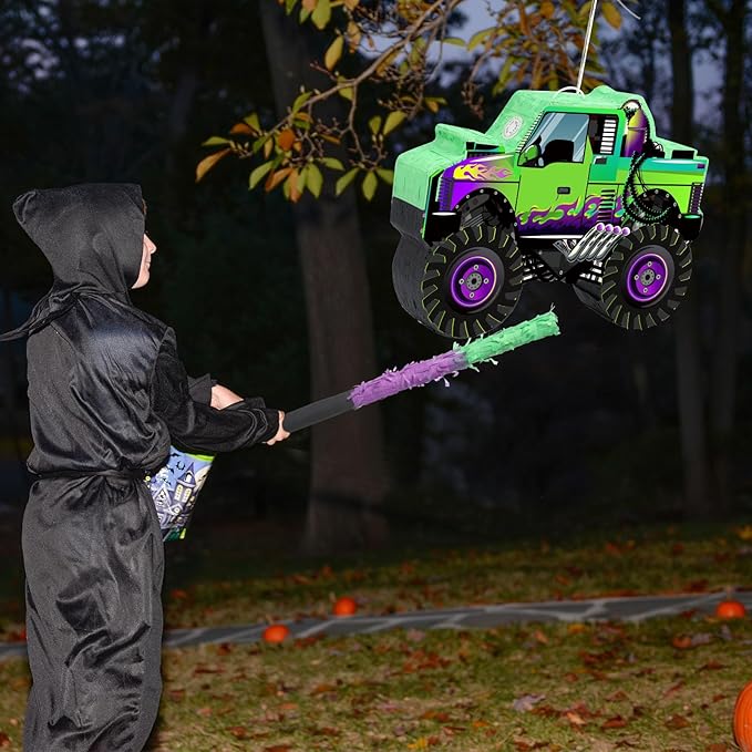 Threan Monster Truck Party Decorations Green and Purple Monster Truck Piñata Racing Car Piñata Game with Stick Blindfold for Adults Cool Birthday Party Decor Supplies