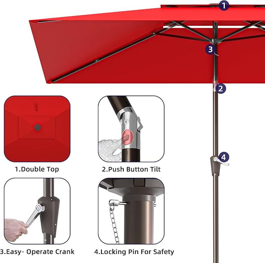 6.6x10ft Rectangular Patio Umbrella, 2 Tiers Outdoor Table Umbrellas with Push Button Tilt and Crank for Patio, Pool, Backyard, Deck, Picnic, Yard (Wine Red)