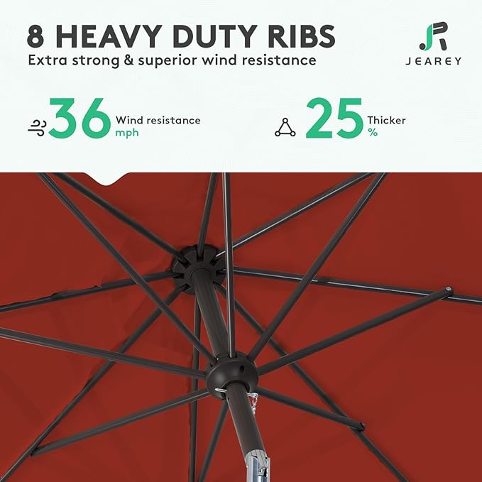 JEAREY 9FT Outdoor Patio Umbrella Outdoor Table Umbrella with Push Button Tilt and Crank, Market Umbrella 8 Sturdy Ribs UV Protection Waterproof for Garden, Deck, Backyard, Pool (Deep Red)