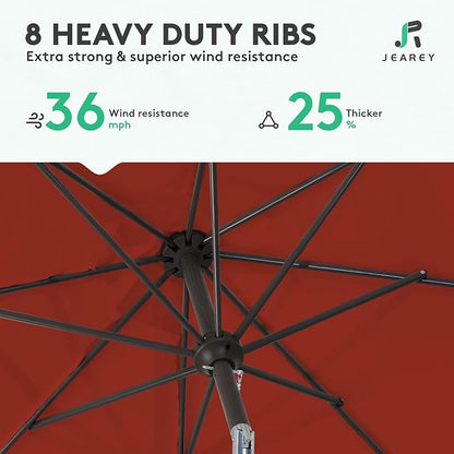 JEAREY 9FT Outdoor Patio Umbrella Outdoor Table Umbrella with Push Button Tilt and Crank, Market Umbrella 8 Sturdy Ribs UV Protection Waterproof for Garden, Deck, Backyard, Pool (Deep Red)