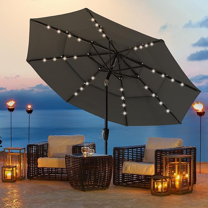 ABCCANOPY Solar Led Patio Umbrellas 3-Tiers 11FT (Dark Gray)
