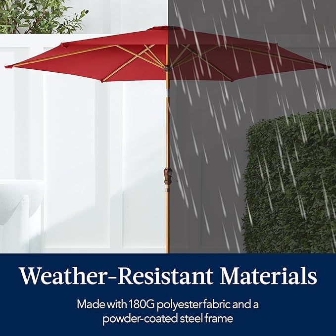 Best Choice Products 10ft Market Umbrella, Outdoor Sun Shade for Backyard, Deck, Poolside, Table w/Woodgrain Pattern, Easy Tilt & Crank - Red