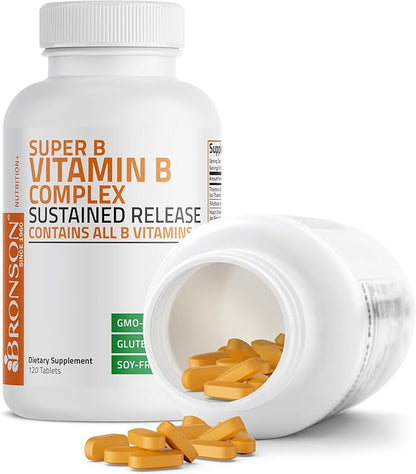 Bronson Super B Vitamin B Complex Sustained Slow Release (Vitamin B1, B2, B3, B6, B9 - Folic Acid, B12) Contains All B Vitamins 120 Tablets