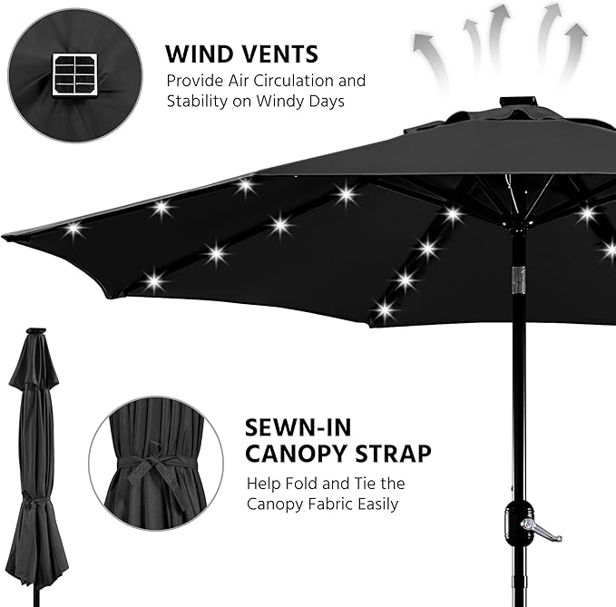 Yaheetech 9FT Solar Patio Umbrella Outdoor Table Market Umbrella w/8 Ribs and 32 LED Lights, Tilt & Crank & UV Protection for Backyard/Deck/Poolside, Black