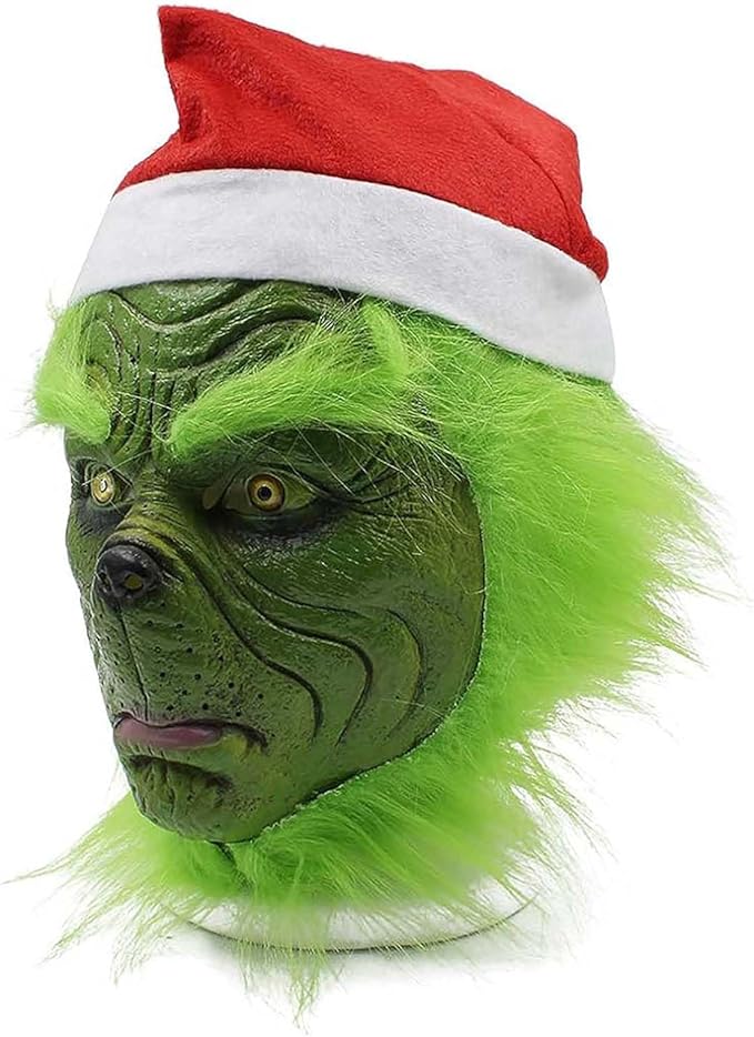 Green Monster Mask Halloween Costume Cosplay Mask Green Latex Scary Full Head Mask Santa Hat Party Prop Christmas Decorations