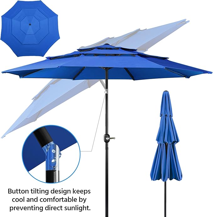 Yaheetech 3 Tier Patio Umbrella 10ft Vented Outdoor Large Market Table Umbrella with 8 Sturdy Ribs and 1.5" Umbrellla Pole, Double-layer Cloth & Push-button Tilting & Crank for Pool/Garden/Lawn Blue