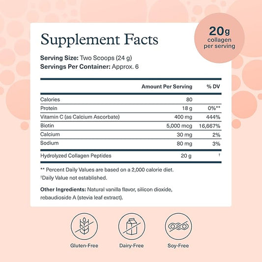 Youtheory Collagen Powder - Premium Collagen Supplement with Vitamin C & Biotin - Supports Healthy Hair, Nails, Skin & Joints* - Dairy, Soy & Gluten Free - Vanilla, 4.7 oz