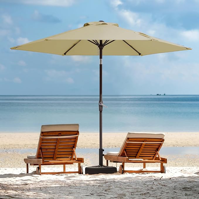 JEAREY 7.5FT Patio Umbrella Market Table Umbrella with 6 Sturdy Ribs, Push Button Tilt/Crank Outdoor Umbrella for Garden, Deck, Backyard, Pool and Beach,Tan