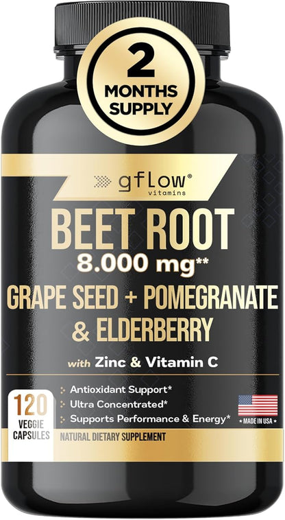 Beet Root Powder Capsules 8000mg High concentrated formula, Beetroot Extract, Elderberry with Vitamin C and Zinc, Pomegranate, Grape Seed, Nitric Oxide Supplement - Non-GMO, USA Made - 2 Months Supply