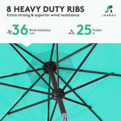 JEAREY 9FT Outdoor Patio Umbrella Outdoor Table Umbrella with Push Button Tilt and Crank, Market Umbrella 8 Sturdy Ribs UV Protection Waterproof for Garden, Deck, Backyard, Pool (Aqua Sky)