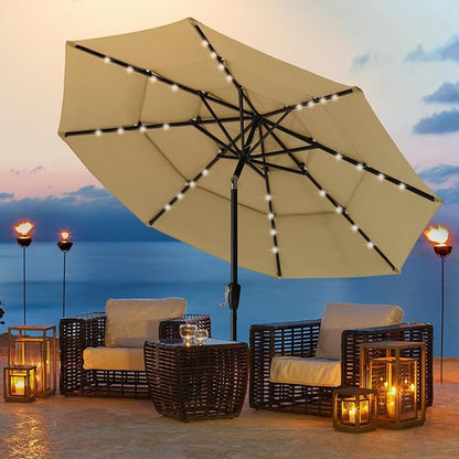 ABCCANOPY Solar Led Patio Umbrellas 3-Tiers 11FT (Khaki)