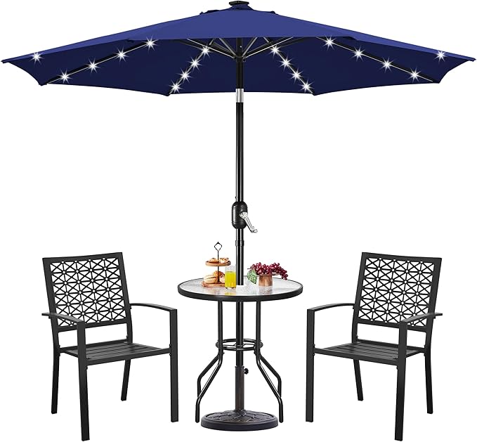 Yaheetech 10FT Solar Patio Umbrella 32 LED Lighted Table Market Umbrella with Tilt and Crank for Garden, Deck, Backyard, Pool and Beach, Navy Blue