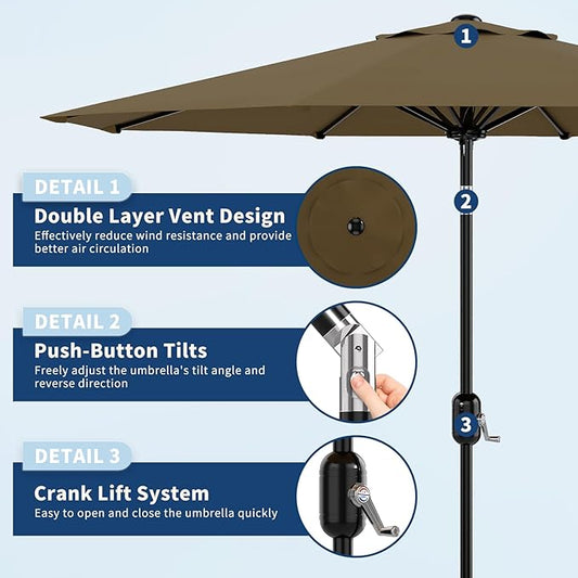 9Ft Patio Umbrella - 8 Sturdy Ribs Outdoor Table Umbrella with Crank Lift & Push Button Tilt - Market Umbrella for Pool, Deck, Yard, Garden - Taupe