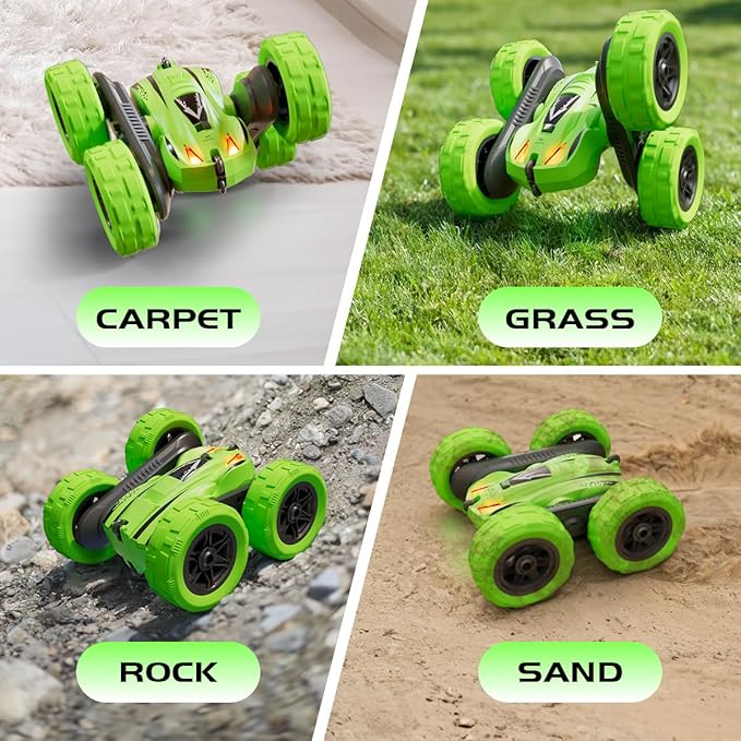 Remote Control Car Fast RC Cars,2.4Ghz Double Sided 360° Rotating RC Stunt Cars with Headlights,All Terrain Rechargeable Car Toys for Boys Ages 5-7 8-12,Birthday Gifts for Kids Green