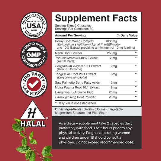 Horny Goat Weed for Men - Extra Strength Male Supplement with Black Maca Root, Tongkat Ali, Saw Palmetto & Panax Ginseng Extract for Stamina & Energy - 60 Capsules