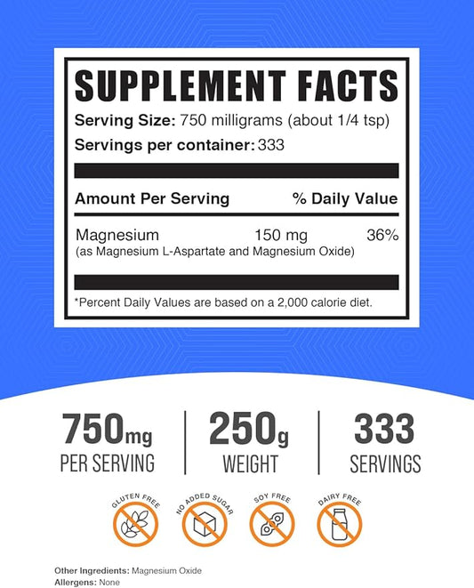 BulkSupplements.com Magnesium L-Aspartate Powder - High Absorption Magnesium, Magnesium Aspartate Powder - Gluten Free, 750mg (150mg of Magnesium) per Serving, 250g (8.8 oz) (Pack of 1)
