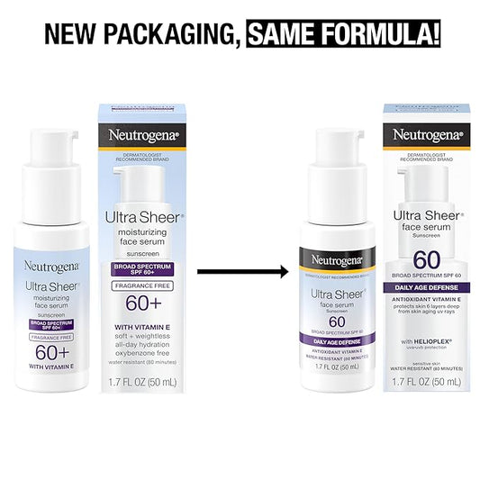 Neutrogena Ultra Sheer Moisturizing Face Serum with Vitamin E & SPF 60, All Day Facial Sunscreen Serum with Broad Spectrum UVA/UVB Protection, Fragrance-Free, Oxybenzone-Free, 1.7 Fl Oz