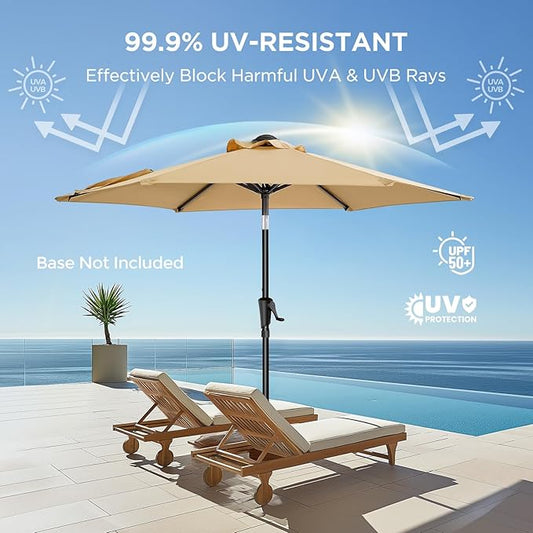 7.5ft Outdoor Patio Umbrella - Market Table Pool Deck Umbrella UPF50+ UV Protection with Push Button Tilt, Crank and 6 Sturdy Ribs (Beige, No base)