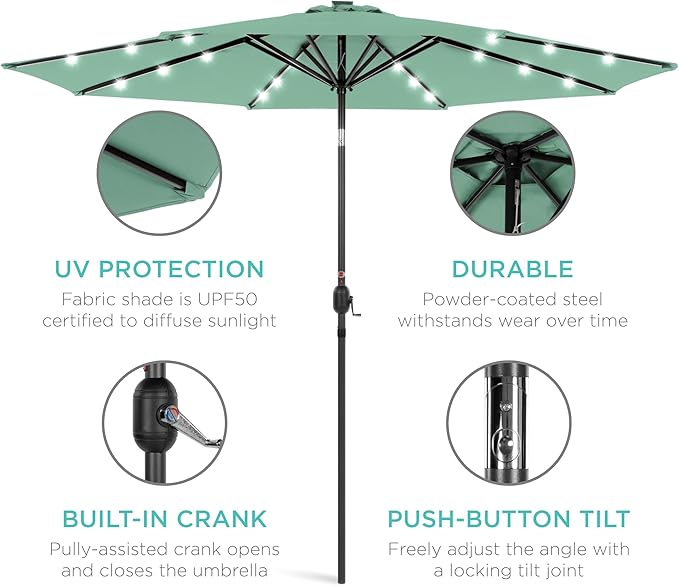 Best Choice Products 10ft Solar Polyester LED Lighted Patio Umbrella w/Tilt Adjustment and UV-Resistant Fabric - Seaglass