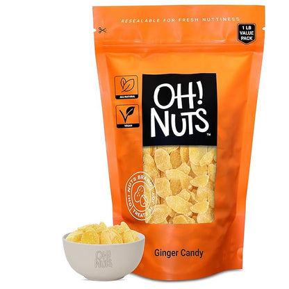 Oh! Nuts Ginger Candy - 1 lb - Dried Fruit Slices - with Crystallized Sugar Candied Coating - Dehydrated Fruit Bites - Packed in New York Zip-Seal Bag for Exceptional Freshness