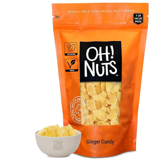 Oh! Nuts Ginger Candy - 1 lb - Dried Fruit Slices - with Crystallized Sugar Candied Coating - Dehydrated Fruit Bites - Packed in New York Zip-Seal Bag for Exceptional Freshness