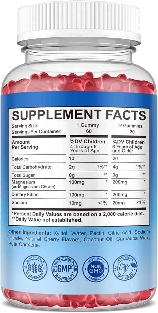 Magnesium Gummies for Kids, Magnesium Citrate Supplement for Adults & Kids, Calm Magnesium Gummies Support Sleep, Bone & Muscle Health, Nerve Relaxation, 60 Cherry Gummies