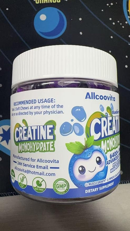 Creatine Monohydrate Chews Complex 6400mg for Men & Women -Advanced Formula W/L-Taurine + Vitamin B12, Sugar Free Chewable Supplement,60 Blueberry Softchews