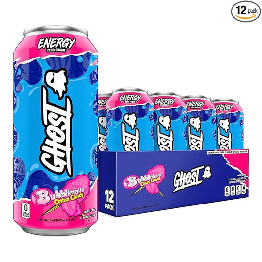 GHOST Energy Drink - 12-Pack, Bubblicious Cotton Candy, 16oz Cans - Energy & Focus & No Artificial Colors - 200mg of Natural Caffeine, L-Carnitine & Taurine - Gluten-Free & Vegan