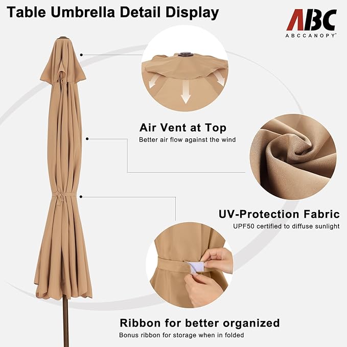ABCCANOPY Patio Umbrella 11ft, Outdoor Table Umbrella with Push Button Tilt and Crank, 8 Ribs Umbrella for Patio Pool Garden Deck (Khaki)