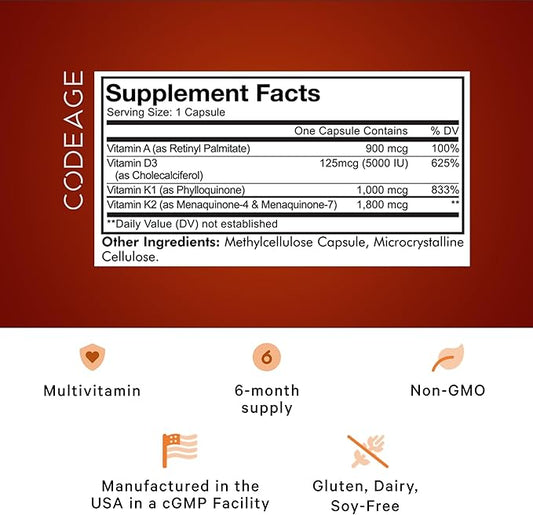 Codeage ADK Vitamis Supplement - Essential Vitamin A, Vitamin D3 5000 IU, Vitamin K1 & K2 (MK4 & MK7) - 6-Month Supply - A D K Vitamins, 1 Capsule per Serving, Non-GMO, Gluten-Free - 180 Capsules