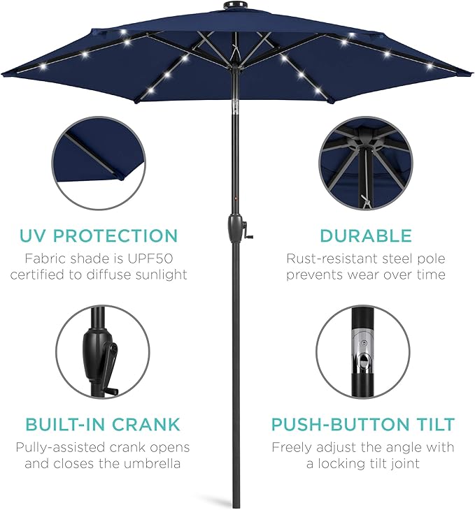 Best Choice Products 7.5ft Outdoor Solar Market Table Patio Umbrella for Deck, Pool w/Tilt, Crank, LED Lights - Navy Blue