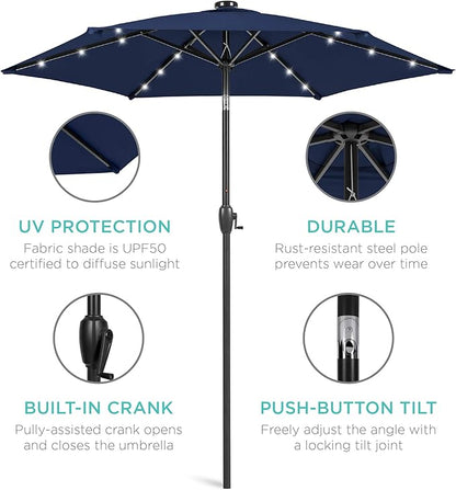 Best Choice Products 7.5ft Outdoor Solar Market Table Patio Umbrella for Deck, Pool w/Tilt, Crank, LED Lights - Navy Blue