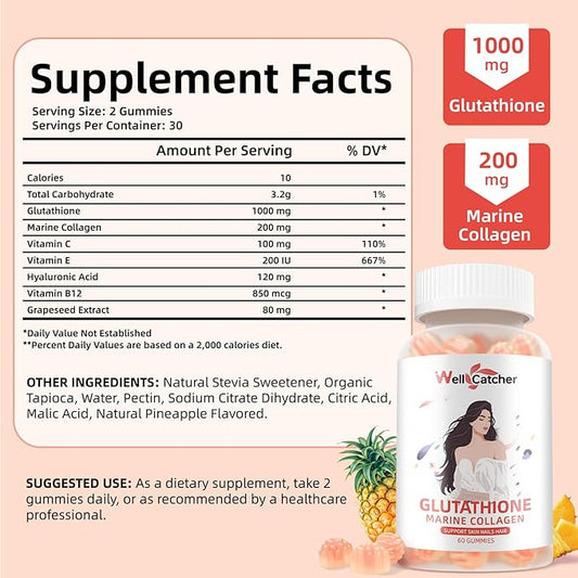 Glutathione Gummies for Skin Whitening - Glutathione 1000mg Supplement with Collagen Vitamin C for Women Sugar-Free with Antioxidant Skin Anti-Aging Immunity Liver Support Pineapple Flavor 60ct