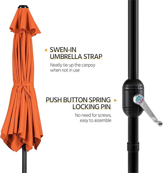 Yaheetech Patio Umbrella, 9FT Outdoor Table Market Umbrella with Push Button Tilt and Crank, Yard Sun Shade with Sturdy Ribs for Garden, Deck, Backyard, Pool, Orange