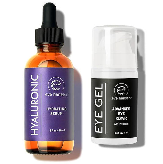 Eve Hansen Anti-Aging Bundle - Eye Gel with Peptides & Hyaluronic Acid Serum for Face - Hydrating Under-Eye Cream with Plant Stem Cells, Vitamin E, and Moisturizer with Vitamin C + E