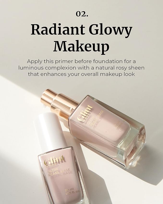 Glint Makeup Fan Brush & Glow Pearl Base (30 ml/1.01 fl oz) Moisturizing Foundation Primer with a Radiant Champagne Pink Glow for a Natural, Luminous Complexion | Korean Skincare