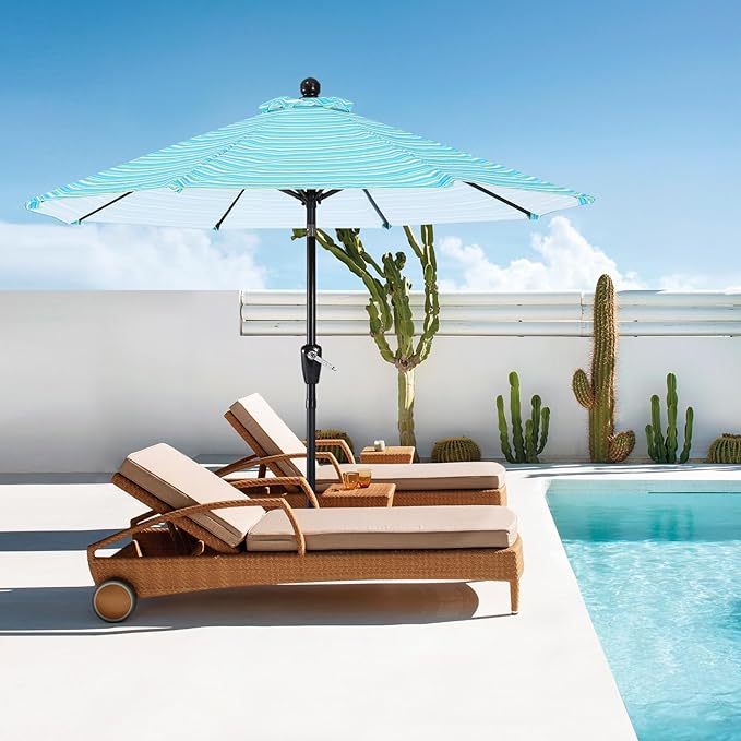 ABCCANOPY 9FT Patio Umbrella - Outdoor Waterproof Table Umbrella with Push Button Tilt and Crank, 8 Ribs UV Protection Pool Umbrella for Garden, Lawn, Deck & Backyard (Turquoise Stripes)