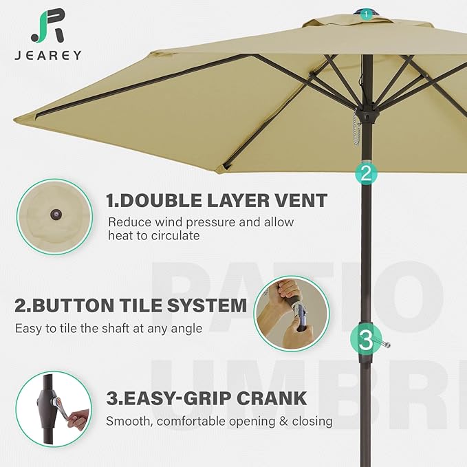 JEAREY 7.5FT Patio Umbrella Market Table Umbrella with 6 Sturdy Ribs, Push Button Tilt/Crank Outdoor Umbrella for Garden, Deck, Backyard, Pool and Beach,Tan