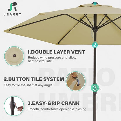 JEAREY 7.5FT Patio Umbrella Market Table Umbrella with 6 Sturdy Ribs, Push Button Tilt/Crank Outdoor Umbrella for Garden, Deck, Backyard, Pool and Beach,Tan