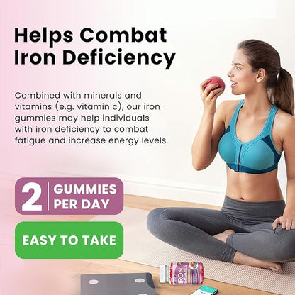 Iron Gummies with Multivitamin, Iron Supplement for Women & Men with Zinc, Vitamin B Complex & C, B12, Folate - Blood Builder & Energy Support for Adults & Kids - Mixed Berry Flavor, Vegan 60 Gummies