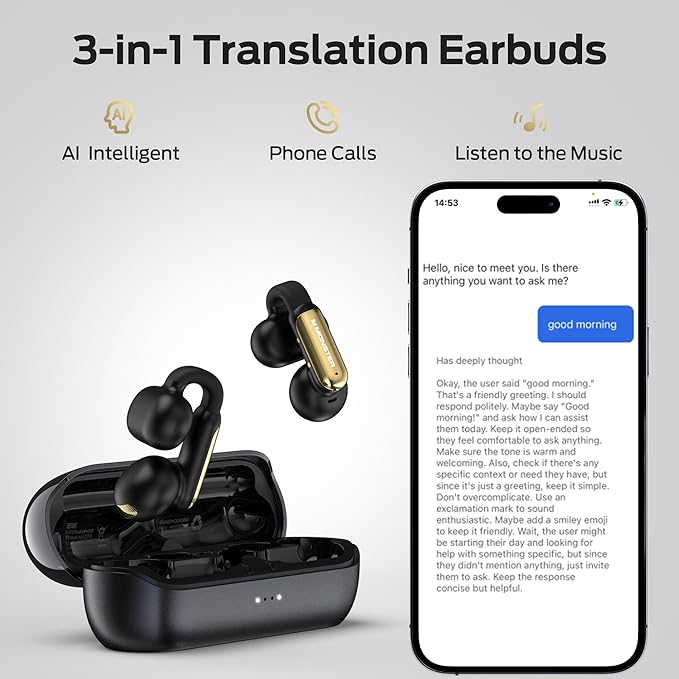 Monster AI Translation Earbuds Open AC601, 3-in-1 Translator Wireless Earphones, Bluetooth 6.0 Open Earbuds with 115 Languages Translation, Real-Time AI & Touch Control Wireless Headphone (Black)