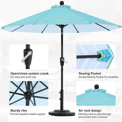 ABCCANOPY 9FT Patio Umbrella - Outdoor Waterproof Table Umbrella with Push Button Tilt and Crank, 8 Ribs UV Protection Pool Umbrella for Garden, Lawn, Deck & Backyard (Turquoise Stripes)