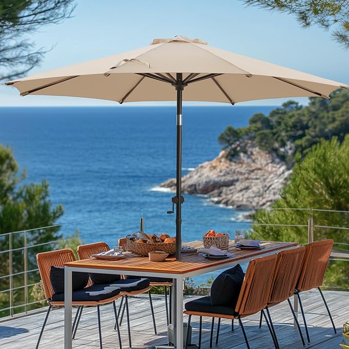 wikiwiki 10 FT Patio Umbrellas Outdoor Table Market Umbrella with Push Button Tilt/Crank, 8 Sturdy Ribs, Fade Resistant Waterproof POLYESTER DTY Canopy for Garden, Lawn, Deck, Backyard & Pool, Beige