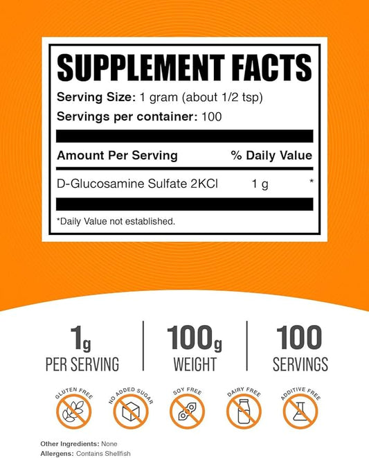 BulkSupplements.com Glucosamine Sulfate Powder - Glucosamine Supplement, Glucosamine Powder - for Joint Support, Gluten Free, 1000mg per Serving, 100g (3.5 oz) (Pack of 1)