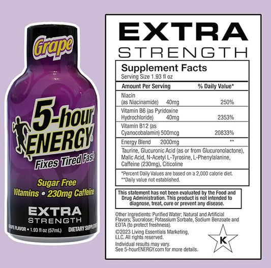 5-hour ENERGY Extra Strength Energy Shot, Grape Flavor, 1.93 oz., 30 Count, Zero Calories & Sugar-Free 230 mg Caffeinated Energy Shot, Amino Acids & B Vitamins, Dietary Supplements